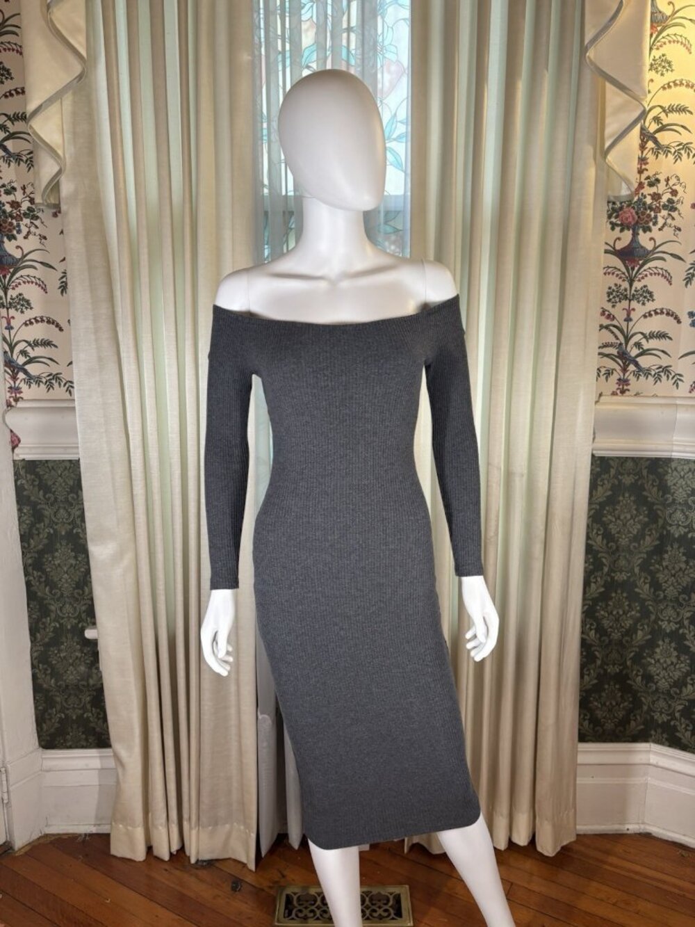 Gray Ribbed Off Shoulder Stretch Bodycon Wiggle Midi Dress Small Y2K 90s